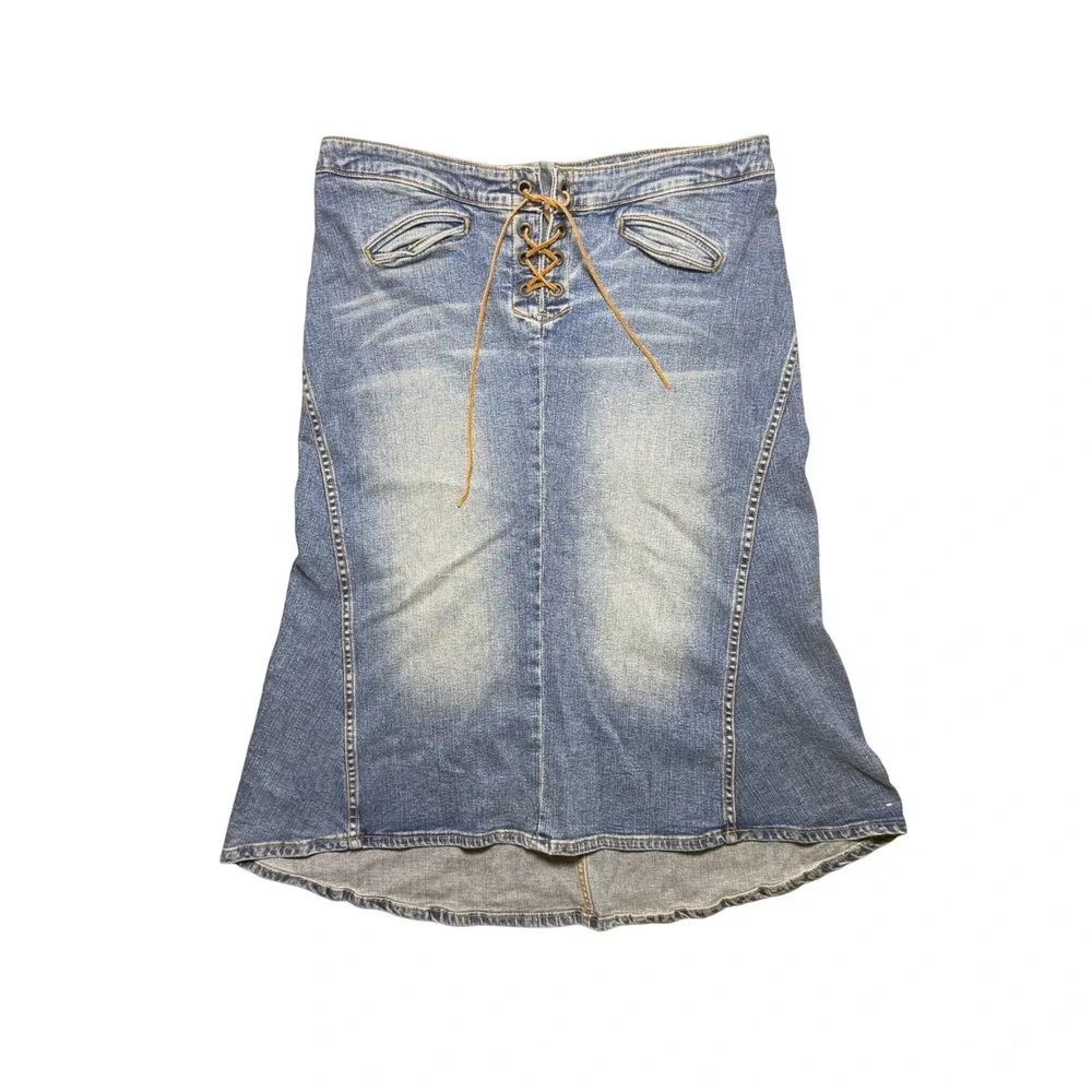 ABS Allen Schwartz Women Blue Denim Lace Up Front Midi Skirt
